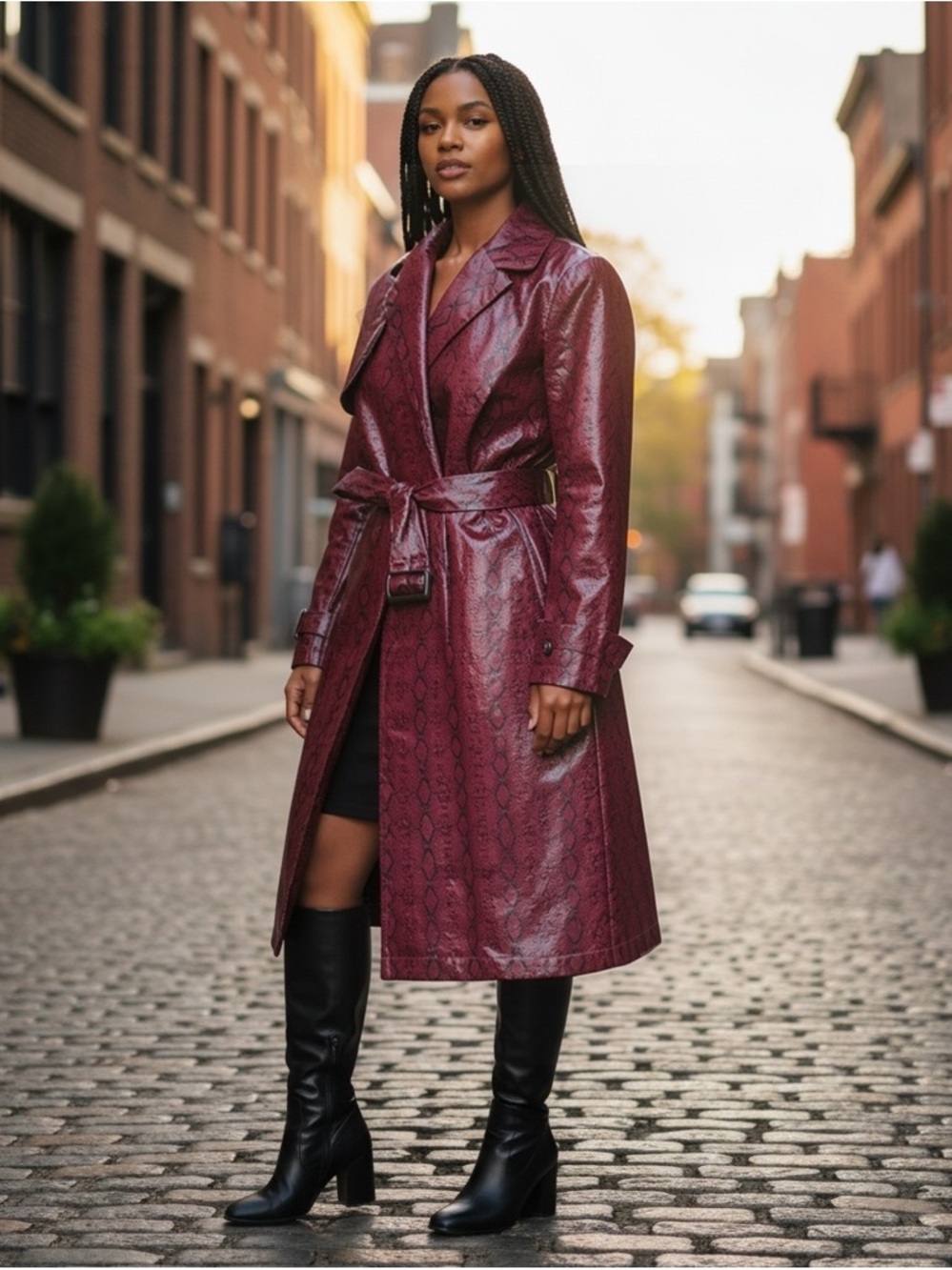 Maximalist Nasty Gal Burgundy Faux Snakeskin Belted Trench Coat